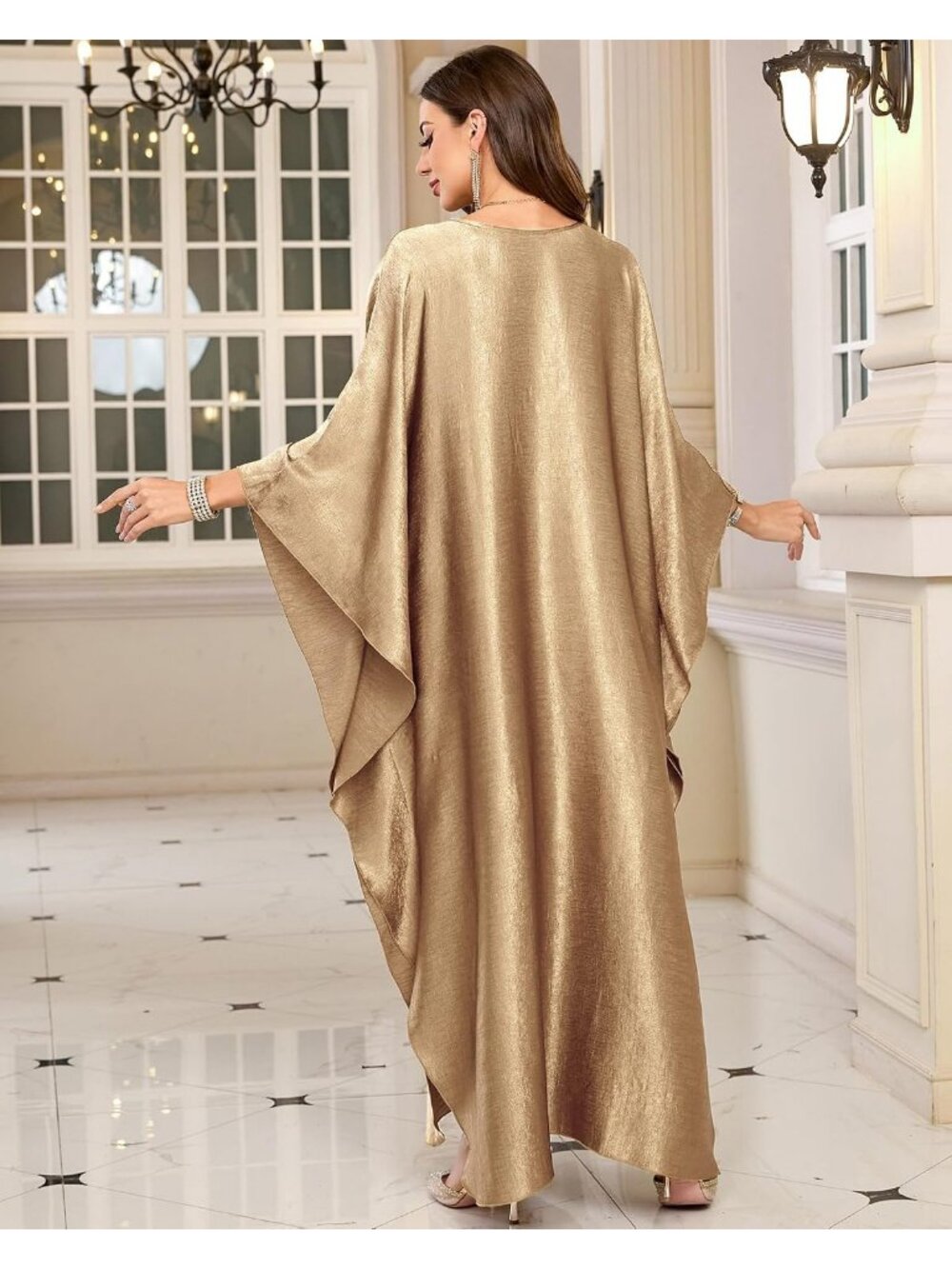 Women's Plus Size champagne Kaftan Maxi Dress V Neck Batwing Swimsuit Cover Up - Picture 6 of 6